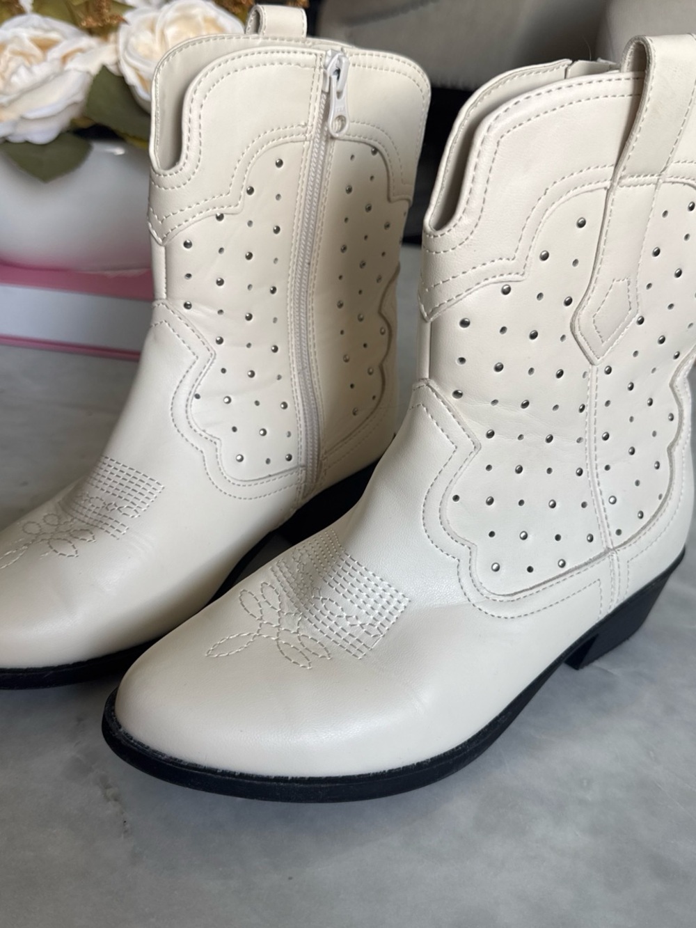 Women’s White Western Ankle Boots - Stylish Perforated Design